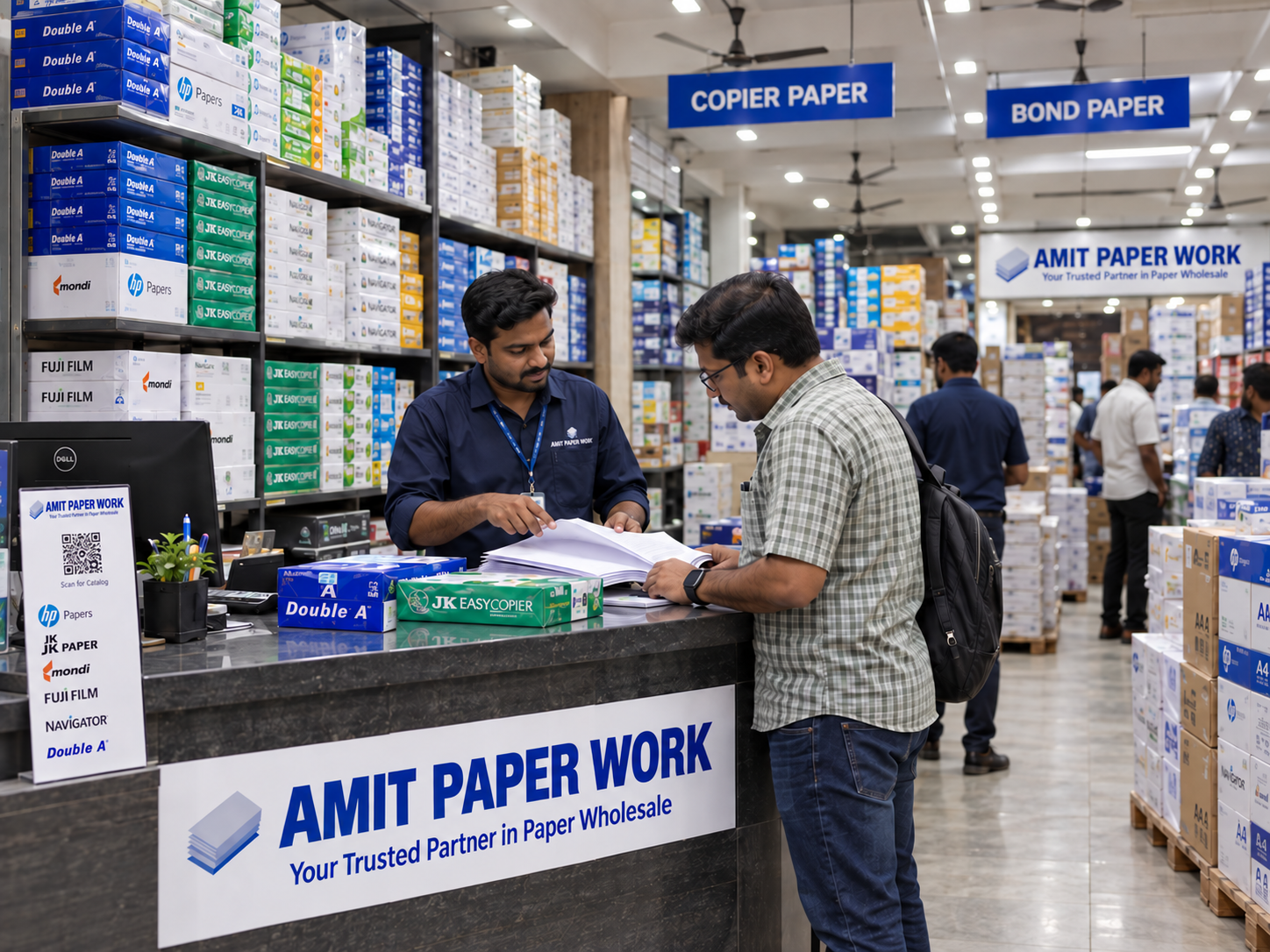 Amit Paper Work sales specialist consulting customer at wholesale counter