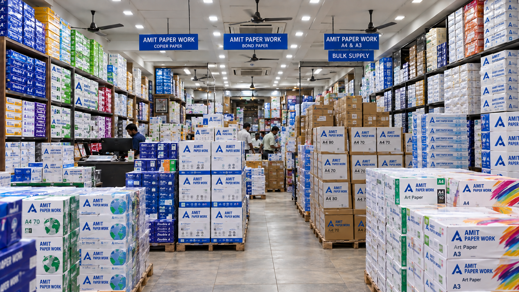 Aisles of copier paper in Amit Paper Work warehouse