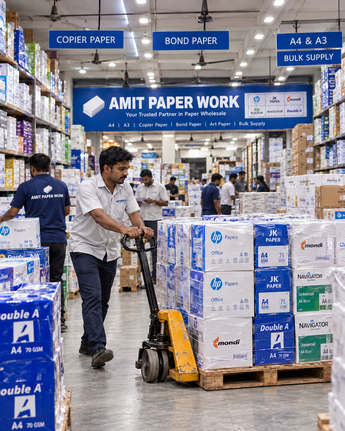 Amit Paper Work pallet truck moving wrapped paper pallets for truck dispatch